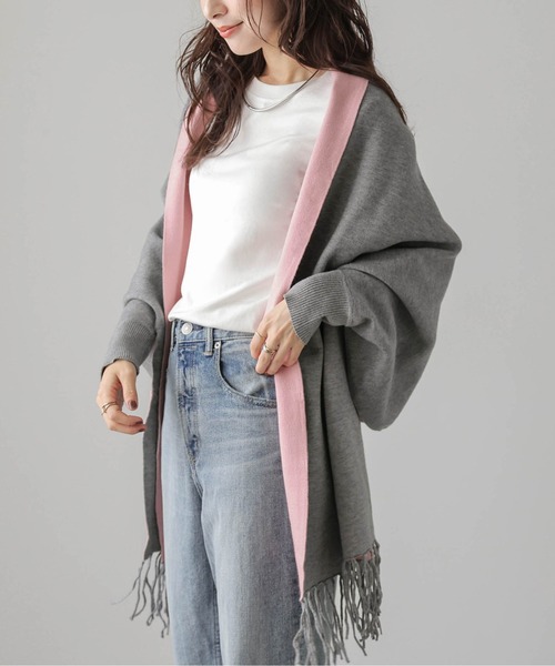 La-gemme（ラジェム）の「ストール風羽織カーディガン（カーディガン/ボレロ・レディース・ブラック×グレー/ブルー系その他/チェック/ブラウン系その他3/ブルー系その他2/ブラウン系その他/ブラウン系その他2/グレー×ピンク・フリー）」の3枚目の写真