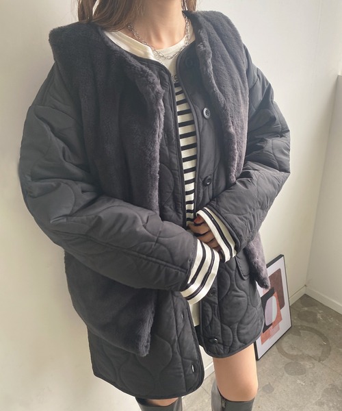 Futier land(フューティアランド)の「ファーベスト付きキルティングコート(ノーカラージャケット・レディース・アイボリー/ブラック/グレイッシュベージュ・MEDIUM)」の3枚目の写真