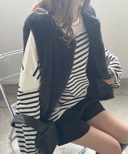 Futier land(フューティアランド)の「ファーベスト付きキルティングコート(ノーカラージャケット・レディース・アイボリー/ブラック/グレイッシュベージュ・MEDIUM)」の4枚目の写真