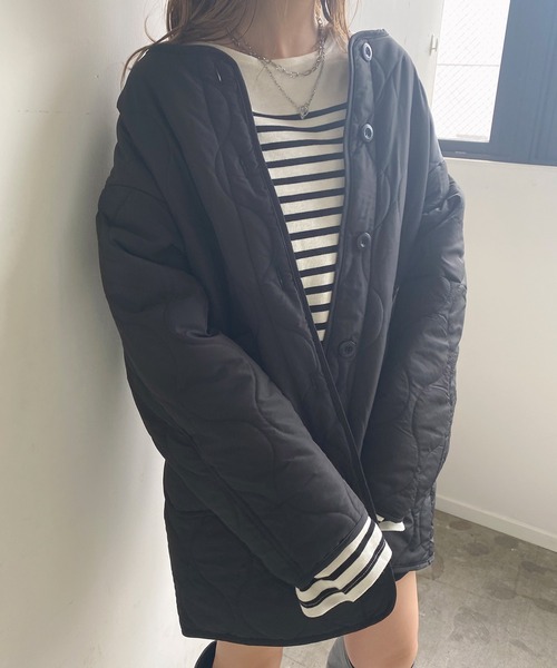 セール】ファーベスト付きキルティングコート（ノーカラージャケット