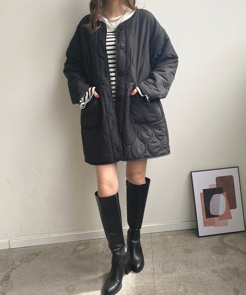 セール】ファーベスト付きキルティングコート（ノーカラージャケット