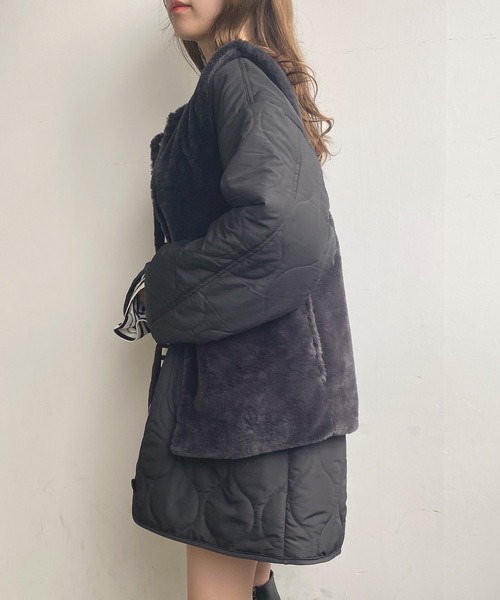 セール】ファーベスト付きキルティングコート（ノーカラージャケット