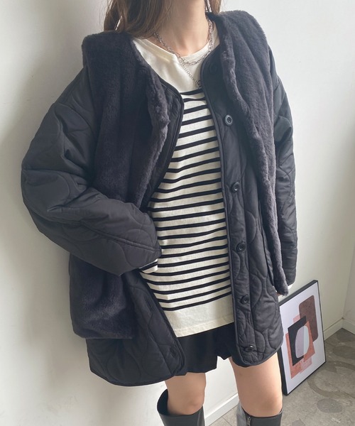 Futier land(フューティアランド)の「ファーベスト付きキルティングコート(ノーカラージャケット・レディース・アイボリー/ブラック/グレイッシュベージュ・MEDIUM)」の6枚目の写真