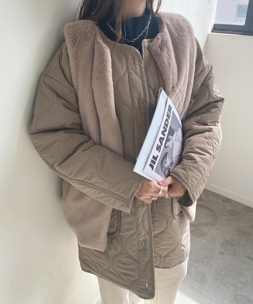 Futier land(フューティアランド)の「ファーベスト付きキルティングコート(ノーカラージャケット・レディース・アイボリー/ブラック/グレイッシュベージュ・MEDIUM)」の12枚目の写真