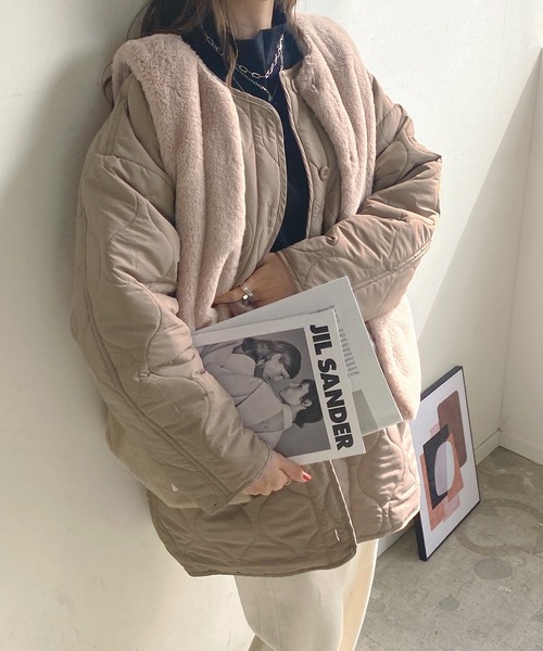 セール】ファーベスト付きキルティングコート（ノーカラージャケット