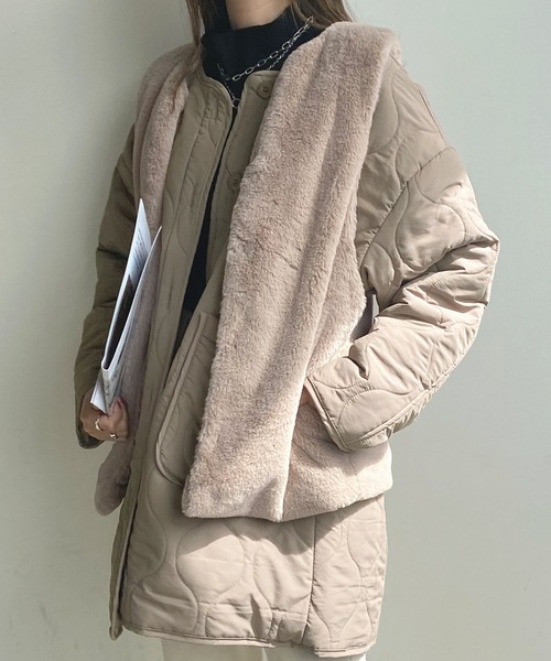 セール】ファーベスト付きキルティングコート（ノーカラージャケット