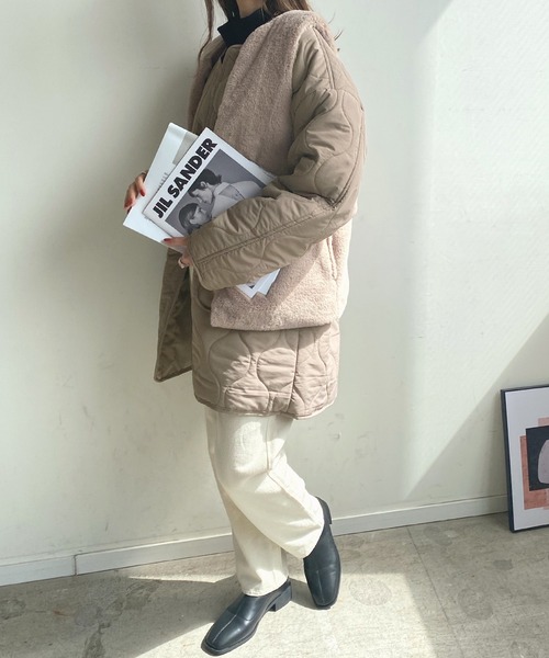 セール】ファーベスト付きキルティングコート（ノーカラージャケット