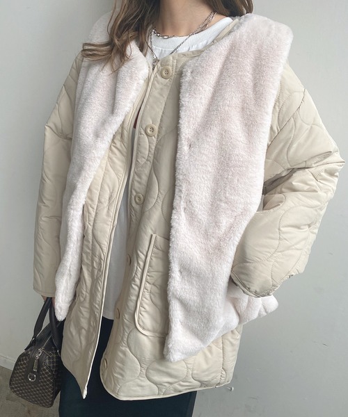セール】ファーベスト付きキルティングコート（ノーカラージャケット