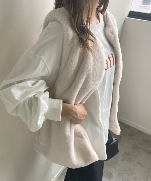 セール】ファーベスト付きキルティングコート（ノーカラー