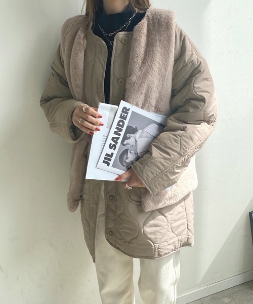 セール】ファーベスト付きキルティングコート（ノーカラージャケット