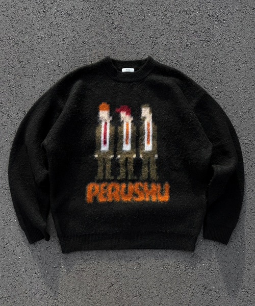 Perushu（ペルーシュ）の「モヘアライクピクセルおじニット（ニット/セーター・メンズ・ブラック/オリーブ/オレンジ・MEDIUM/LARGE）」の2枚目の写真