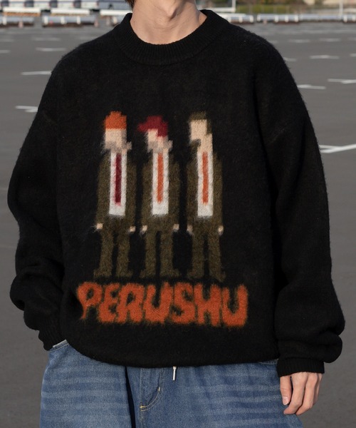Perushu（ペルーシュ）の「モヘアライクピクセルおじニット（ニット/セーター・メンズ・ブラック/オリーブ/オレンジ・MEDIUM/LARGE）」の7枚目の写真