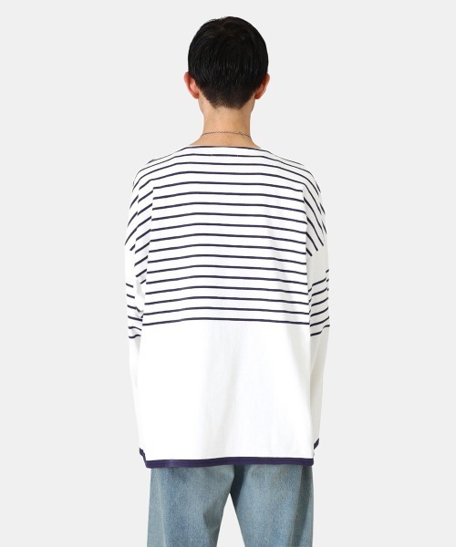 marka（マーカ）の「marka / マーカ：PANEL BORDER BASQUE SHIRT - 30/2 organic cotton knit panel border -：M23A-07CS01C[COR]（Tシャツ/カットソー・メンズ・ホワイト×ネイビー/ブラック×ホワイト/ベージュ系その他・1/2/3）」の9枚目の写真