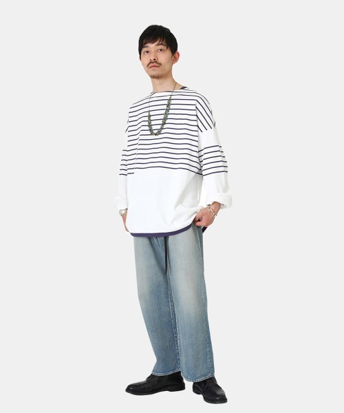 marka（マーカ）の「marka / マーカ：PANEL BORDER BASQUE SHIRT - 30/2 organic cotton knit panel border -：M23A-07CS01C[COR]（Tシャツ/カットソー・メンズ・ホワイト×ネイビー/ブラック×ホワイト/ベージュ系その他・1/2/3）」の8枚目の写真