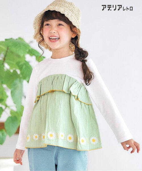 アデリアレトロ（アデリアレトロ）の「アデリアレトロ 3柄刺繍ドッキングTシャツ（Tシャツ/カットソー・キッズ・ミント/アイボリー/ネイビー・110/100/130/120/90/80）」の2枚目の写真