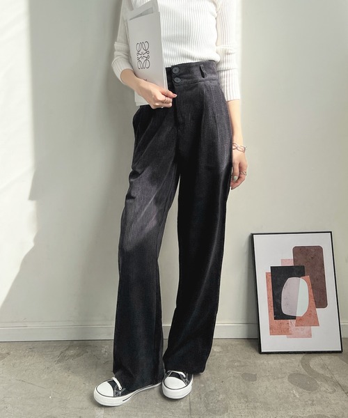 Futier land（フューティアランド）の「ハイウエストコーデュロイスラックス（スラックス・レディース・ブラック/ブラウン/アイボリー・MEDIUM/LARGE）」の4枚目の写真