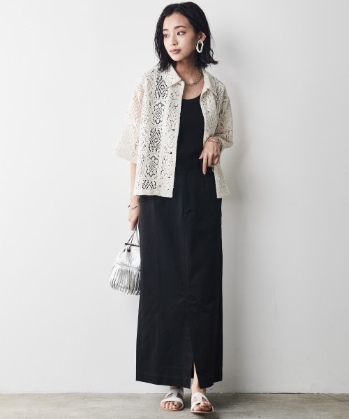 綿100％ロングスリットマキシタイトスカート ＜大きいサイズ有