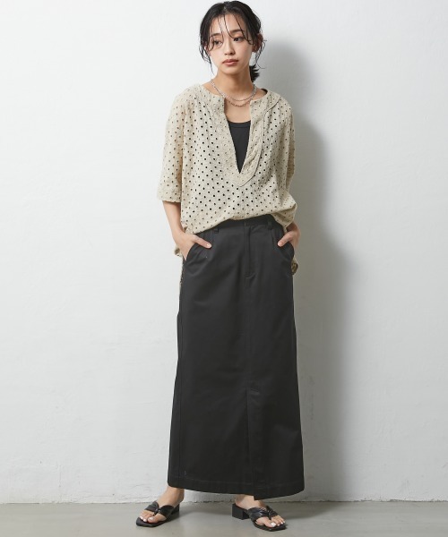 綿100％ロングスリットマキシタイトスカート ＜大きいサイズ有
