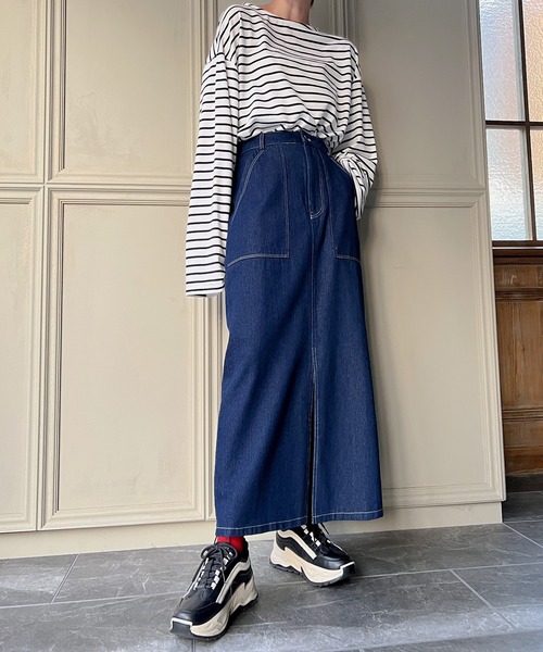 DOUBLE STANDARD CLOTHING スリットデニムスカート 現行品 FREE STYLISTS デニムスカート フリンジスリットデニムスカート