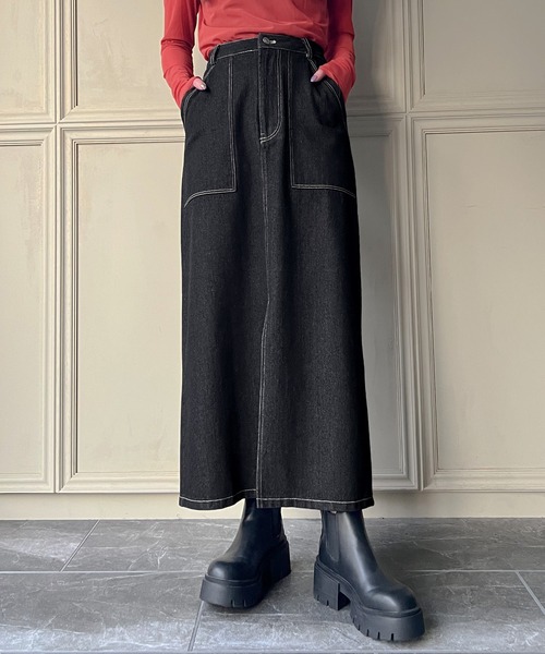 セール】前スリットロングデニムスカート（デニムスカート）｜JUNOAH