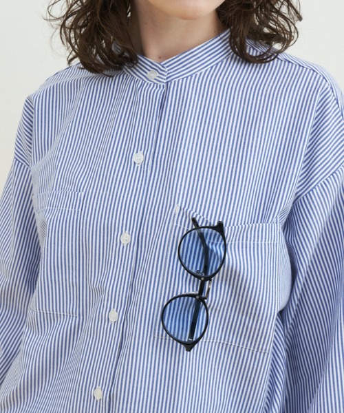 MERLOT（メルロー）の「バンドカラーストライプビッグシャツ（シャツ/ブラウス・レディース・ブルー/ピンク/グリーン・FREE）」の5枚目の写真