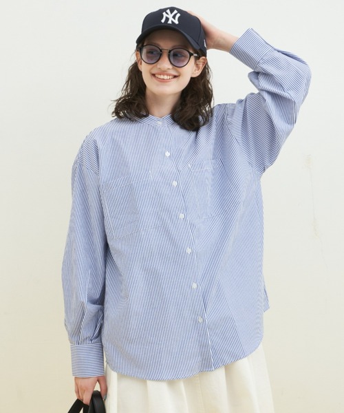 MERLOT（メルロー）の「バンドカラーストライプビッグシャツ（シャツ/ブラウス・レディース・ブルー/ピンク/グリーン・FREE）」の9枚目の写真