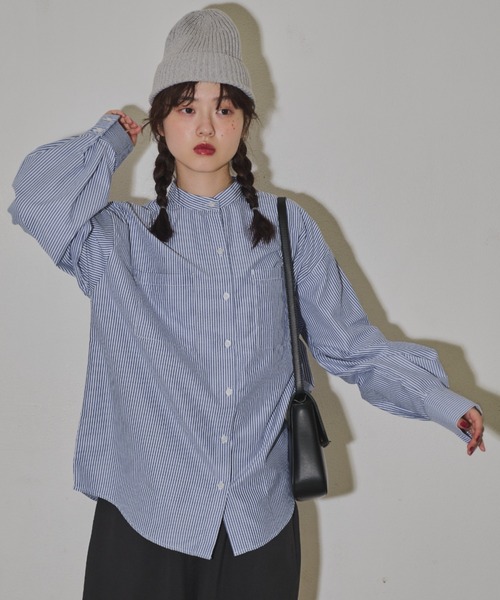 MERLOT（メルロー）の「バンドカラーストライプビッグシャツ（シャツ/ブラウス・レディース・ブルー/ピンク/グリーン・FREE）」の15枚目の写真