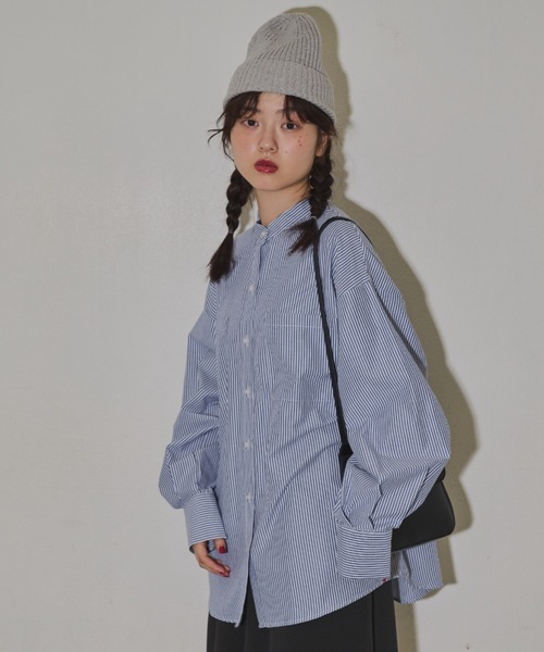 MERLOT（メルロー）の「バンドカラーストライプビッグシャツ（シャツ/ブラウス・レディース・ブルー/ピンク/グリーン・FREE）」の16枚目の写真