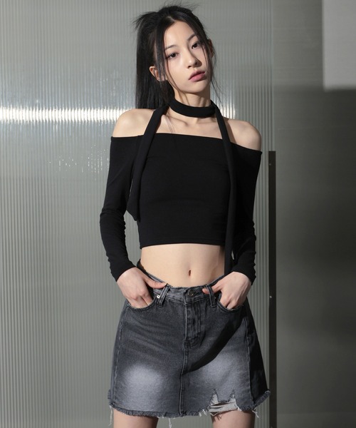 FOLLOWIN（フォロウィン）の「ビンテージダメージウォッシングデニムミニスカート（デニムスカート・レディース・ブルー/ライトブルー/ブラック・MEDIUM/SMALL/LARGE）」の7枚目の写真