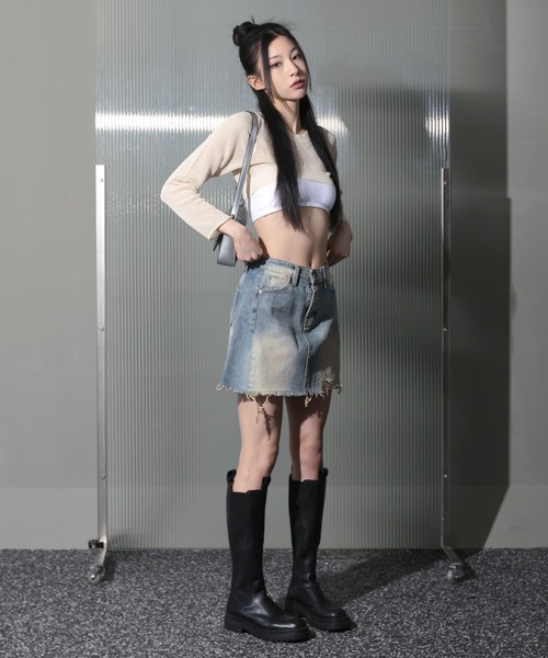 FOLLOWIN（フォロウィン）の「ビンテージダメージウォッシングデニムミニスカート（デニムスカート・レディース・ブルー/ライトブルー/ブラック・MEDIUM/SMALL/LARGE）」の12枚目の写真