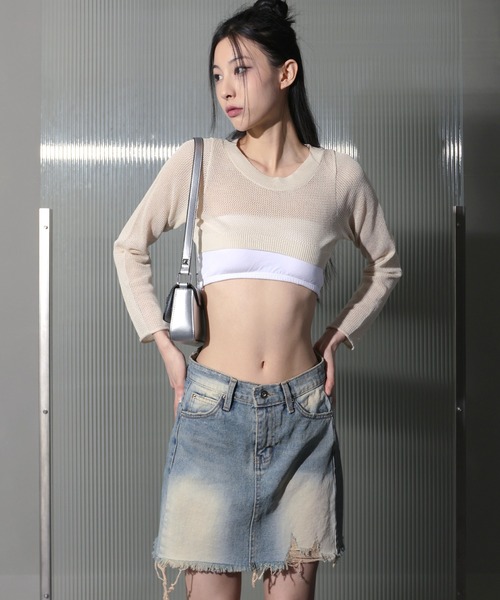 FOLLOWIN（フォロウィン）の「ビンテージダメージウォッシングデニムミニスカート（デニムスカート・レディース・ブルー/ライトブルー/ブラック・MEDIUM/SMALL/LARGE）」の8枚目の写真