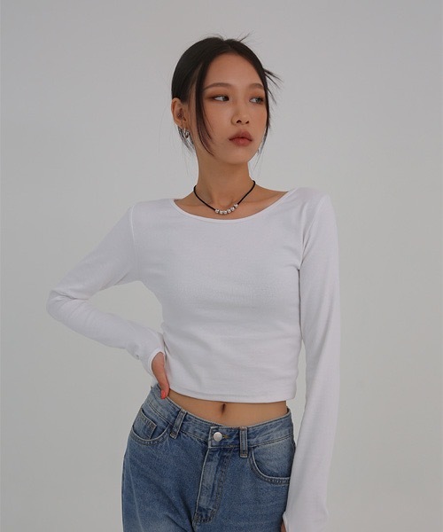 BLACKUP（ブラックアップ）の「[MADE] クロップフィンガーホールウォーマーTシャツ（Tシャツ/カットソー・レディース・ホワイト/ブラック/ミント/ブラウン/グレー・ONE SIZE）」の12枚目の写真