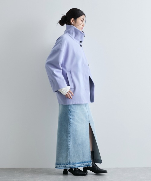 VIS(ビス)の「【静電気防止】ステン&スタンドカラージャージメルトンミドル丈コート(ステンカラーコート・レディース・チャコールグレー/オフホワイト/ラベンダー・M/S)」の10枚目の写真