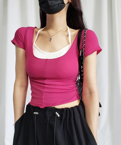 me+em select（ミームセレクト）の「※【 アンサンブル２点セット／１２色展開 】ホルターネックブラトップ ＆ メローＴシャツ　SET（Tシャツ/カットソー・レディース・ホワイト/ベージュ/パープル/グレー/ピンク/イエロー/ブラック/チャコール/ピンク系その他/ライトピンク/ブルー/グリーン・FREE）」の11枚目の写真