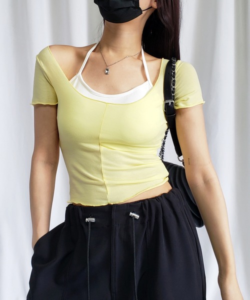 me+em select（ミームセレクト）の「※【 アンサンブル２点セット／１２色展開 】ホルターネックブラトップ ＆ メローＴシャツ　SET（Tシャツ/カットソー・レディース・ホワイト/ベージュ/パープル/グレー/ピンク/イエロー/ブラック/チャコール/ピンク系その他/ライトピンク/ブルー/グリーン・FREE）」の9枚目の写真