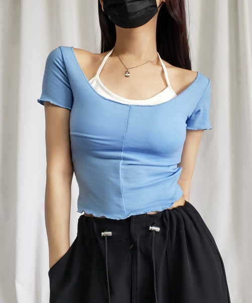 me+em select（ミームセレクト）の「※【 アンサンブル２点セット／１２色展開 】ホルターネックブラトップ ＆ メローＴシャツ　SET（Tシャツ/カットソー・レディース・ホワイト/ベージュ/パープル/グレー/ピンク/イエロー/ブラック/チャコール/ピンク系その他/ライトピンク/ブルー/グリーン・FREE）」の7枚目の写真