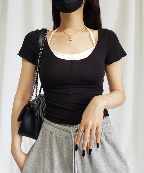 me+em select（ミームセレクト）の「※【 アンサンブル２点セット／１２色展開 】ホルターネックブラトップ ＆ メローＴシャツ　SET（Tシャツ/カットソー・レディース・ホワイト/ベージュ/パープル/グレー/ピンク/イエロー/ブラック/チャコール/ピンク系その他/ライトピンク/ブルー/グリーン・FREE）」の13枚目の写真