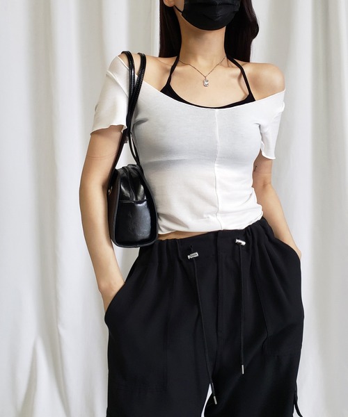 me+em select（ミームセレクト）の「※【 アンサンブル２点セット／１２色展開 】ホルターネックブラトップ ＆ メローＴシャツ　SET（Tシャツ/カットソー・レディース・ホワイト/ベージュ/パープル/グレー/ピンク/イエロー/ブラック/チャコール/ピンク系その他/ライトピンク/ブルー/グリーン・FREE）」の21枚目の写真