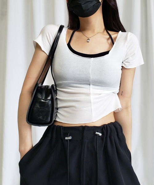 me+em select（ミームセレクト）の「※【 アンサンブル２点セット／１２色展開 】ホルターネックブラトップ ＆ メローＴシャツ　SET（Tシャツ/カットソー・レディース・ホワイト/ベージュ/パープル/グレー/ピンク/イエロー/ブラック/チャコール/ピンク系その他/ライトピンク/ブルー/グリーン・FREE）」の20枚目の写真