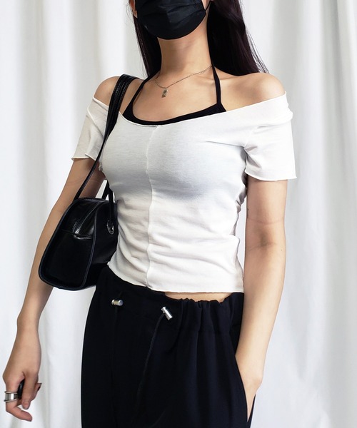 me+em select（ミームセレクト）の「※【 アンサンブル２点セット／１２色展開 】ホルターネックブラトップ ＆ メローＴシャツ　SET（Tシャツ/カットソー・レディース・ホワイト/ベージュ/パープル/グレー/ピンク/イエロー/ブラック/チャコール/ピンク系その他/ライトピンク/ブルー/グリーン・FREE）」の22枚目の写真