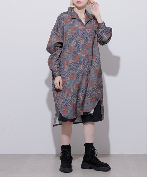 DOUBLE NAME（ダブルネーム）の「古着風パッチワークオリジナルプリントシャツワンピース/ユニセックス可（シャツワンピース・レディース・パープル/ネイビー/グリーン・FREE）」の2枚目の写真