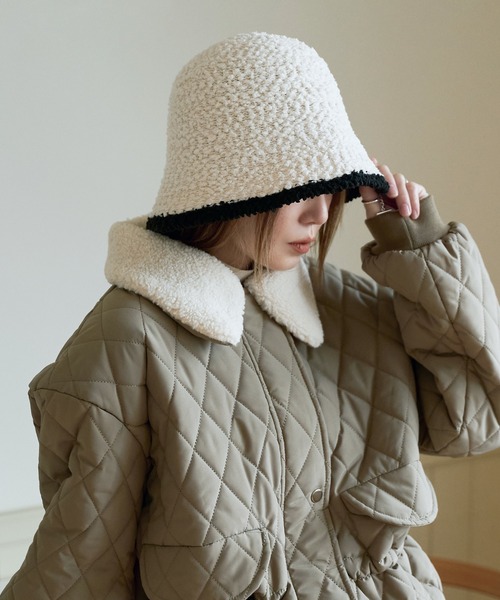 UNE MANSION（ユヌマンション）の「【2023F/W新作アイテム】【小顔効果抜群】バイカラープードルウールニットバケットハット帽子（ハット・レディース・アイボリー/ブラック/ベージュ・ONE SIZE）」の9枚目の写真