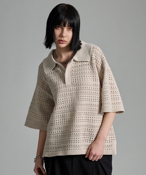 VELNUS(ベルナス)の「【VELNUS】Watermark knitting loose Half Sleeve knit polo shirt/透かし編みルーズ半袖ニットポロシャツ(ポロシャツ・メンズ・ブルー/チャコールグレー/ブラック/ライトグレー/ダークブラウン/ワイン/クリーム・L/M/S)」の1枚目の写真