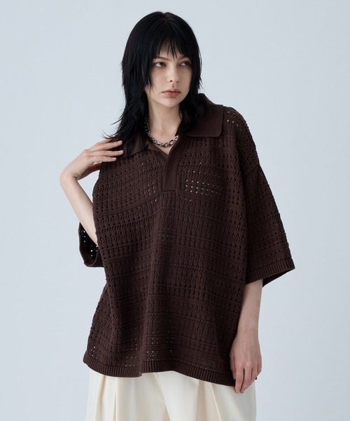 VELNUS】Watermark knitting loose Half Sleeve knit polo shirt