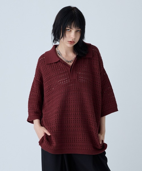 VELNUS】Watermark knitting loose Half Sleeve knit polo shirt