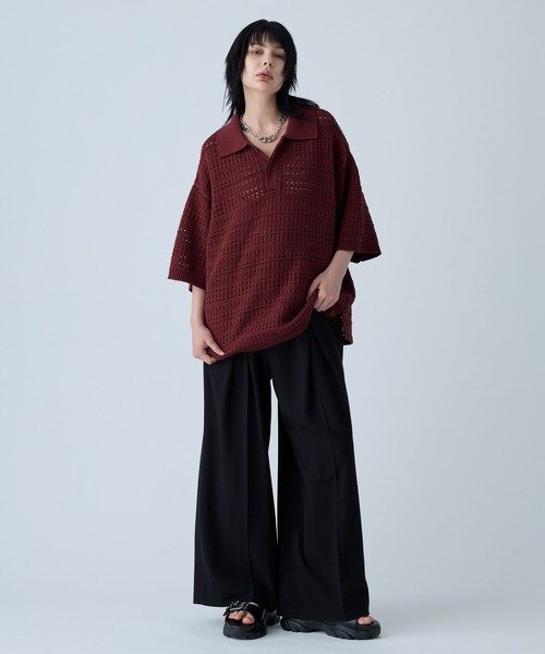 EXITMODE BY BLIND NO PLAN ウォッシュ加工ポロシャツ VELNUS】Watermark knitting loose Half Sleeve knit polo shirt