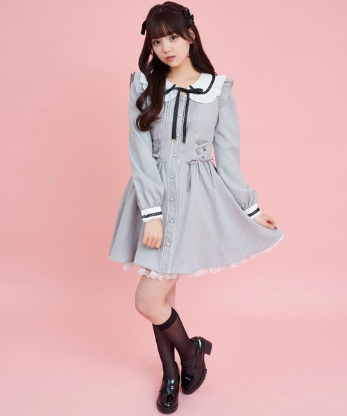 Secret Honey（シークレットハニー）の「ストライプウエストレースアップワンピース（ワンピース・レディース・グレー/ブラック・MEDIUM）」の7枚目の写真