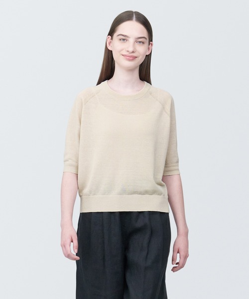 無印良品(ムジルシリョウヒン)の「婦人 UVカットヘンプ混クルーネック五分袖セーター(ニット/セーター・レディース・ベージュ/ネイビー/ピンク/ブラック・XS/S/M/L/XL)」の2枚目の写真