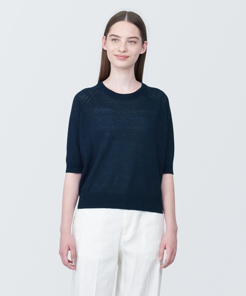 無印良品(ムジルシリョウヒン)の「婦人 UVカットヘンプ混クルーネック五分袖セーター(ニット/セーター・レディース・ベージュ/ネイビー/ピンク/ブラック・XS/S/M/L/XL)」の3枚目の写真