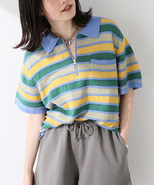 【BRAIN DEAD/ブレインデッド】 LIFTED STRIPE HALF ZIP SHIRT：半袖ジップシャツ